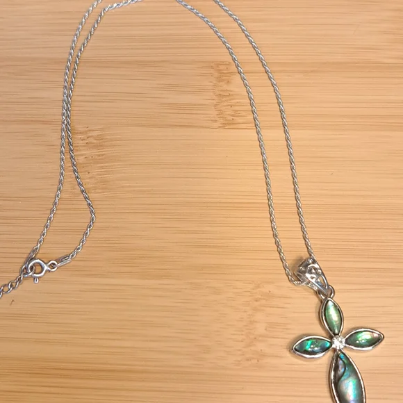 Silver Abalone Cross Pendant Necklace - Picture 2 of 5